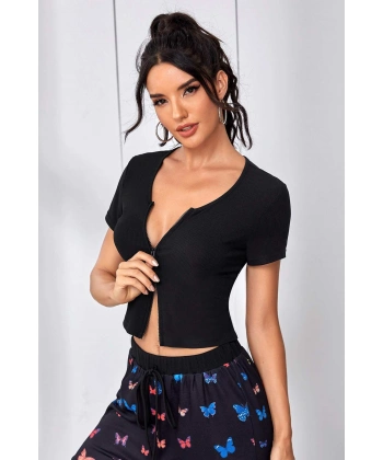 Kadın Siyah Çift Fermuarlı Yarım Kol Crop Top Bluz