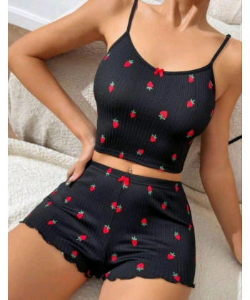Kadın Siyah Çilek Desenli Seksi Gecelik Takım 6644