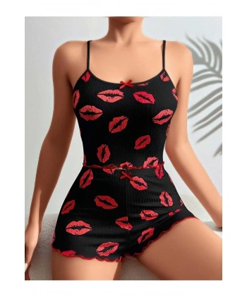 Kadın Siyah Dudak Desenli Şortlu Pijama Takımı 5057
