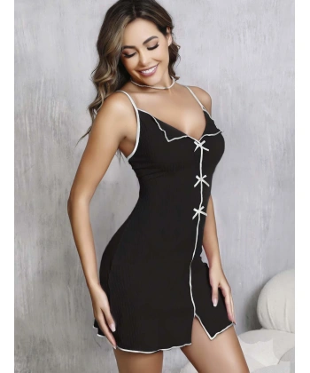 Kadın Siyah Fiyonklu Askılı Gecelik 5111