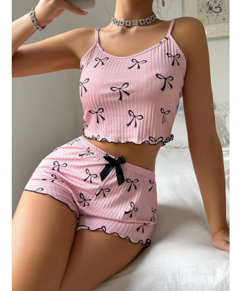 Kadın Siyah  Fiyonklu Şortlu Takım Mini Pembe Rahat