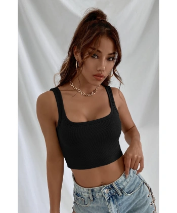 Kadın Siyah Kalın Askılı Crop Top Büstiyer