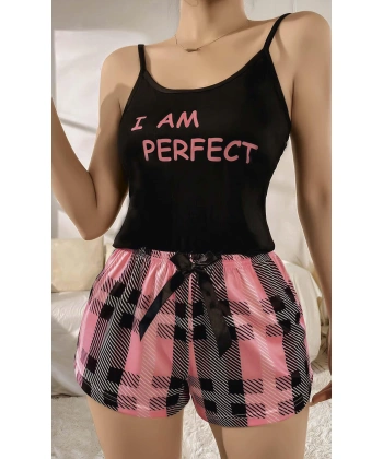Kadın Siyah Kare Desenli Askılı Şortlu Pijama Takım 6652