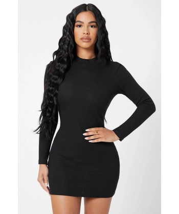 Kadın Siyah Kaşkorse Balıkçı Yaka Uzun Kollu Bodycon Mini Elbise