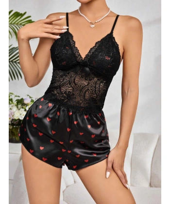 Kadın Siyah Kırmızı Kalp Desenli Saten Şort Pijama Takımı 2232