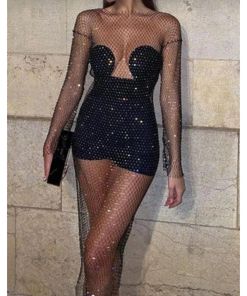 Kadın Siyah Kristal Taşlı File Elbise – Plaj Ve Gece Şıklığı İçin