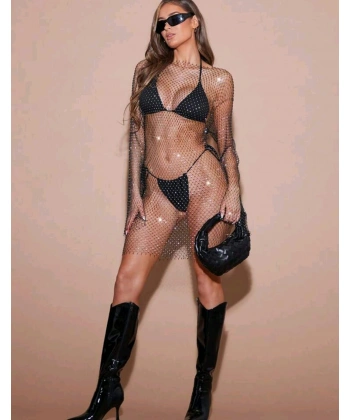 Kadın Siyah Kristal Taşlı File Kollu Kısa Elbise