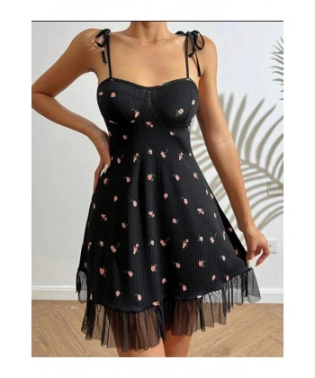 Kadın Siyah Pembe Gül Desenli Askılı Bağlamalı Dantel Detaylı Elbise 5072