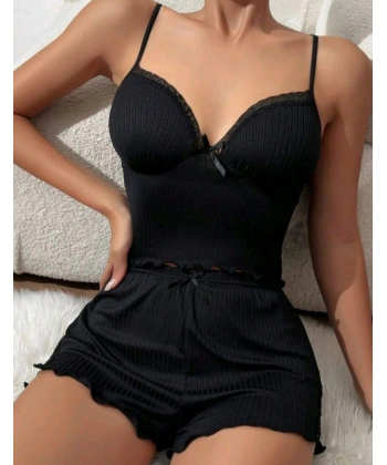 Kadın Siyah Şortlu Gecelik Takım 6639