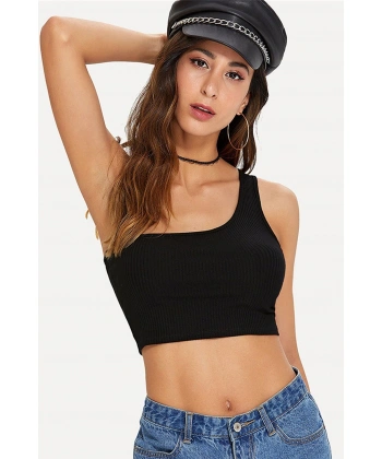 Kadın Siyah Tek Omuz Crop Büstiyer