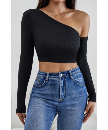 Kadın Siyah Tek Omuz Detaylı Uzun Kol Crop Top Bluz