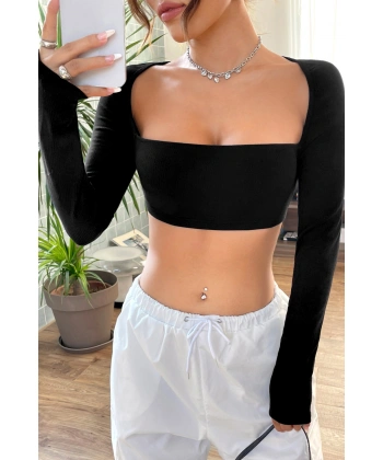 Kadın Siyah Uzun Kol Göğüs Ve Sırt Dekolteli Crop Top Bluz