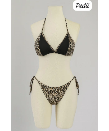 Kadın Siyah Ve Leopar Detaylı Yandan Bağlamalı Bikini Takımı