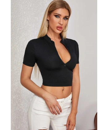 Kadın Siyah Yarım Fermuarlı Ve Kısa Kollu Crop Top Bluz