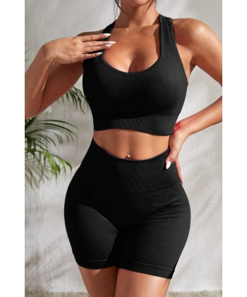 Kadın Siyah Yüksek Bel Çapraz Sırt Detaylı Şortlu Gecelik Takım