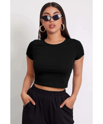 Kadın Siyah Yuvarlak Yaka Yarım Kol Crop Top Bluz