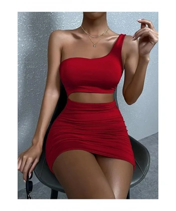 Kadın Tek Omuz Kesim Detaylı Büzgülü Fantezi Elbise 5078