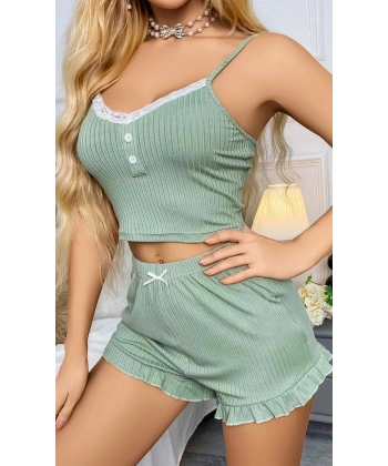 Kadın Yeşil Dantel Detaylı Şortlu Gecelik Pijama Takımı 5014