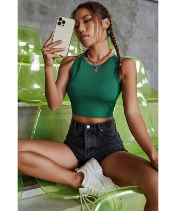 Kadın Yeşil Kare Yaka Crop Top Bluz