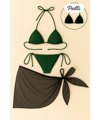 Kadın Yeşil Siyah Pareolu Yandan Ve Boyundan Bağlamalı 3lü Bikini Takımı