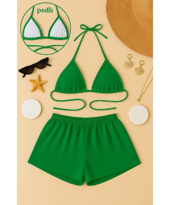 Kadın Yeşil Şortlu Belden Ve Boyundan Bağlamalı Bikini Takımı