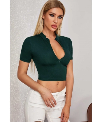 Kadın Yeşil Yarım Fermuarlı Ve Kısa Kollu Crop Top Bluz