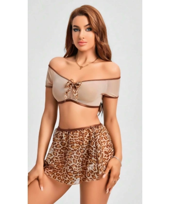 Kalın Askılı Sütyen Leopar Desen Etekli Fantezi Gecelik