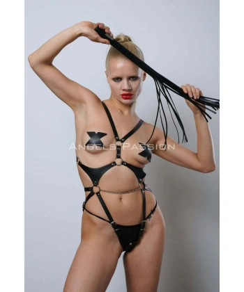 Kırbaçlı Ve Ağ Bölgesi Açık Deri Body Harness, Deri Fantezi Giyim, Clubwear - Brf1355