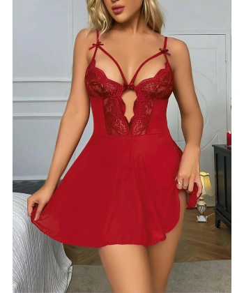 Kırmızı Dantel İşlemeli Göğüs İp Detaylı Fantezi Tül Gecelik Takımı