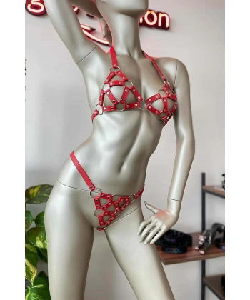 Kırmızı Deri Sütyen Takım Deri İç Giyim