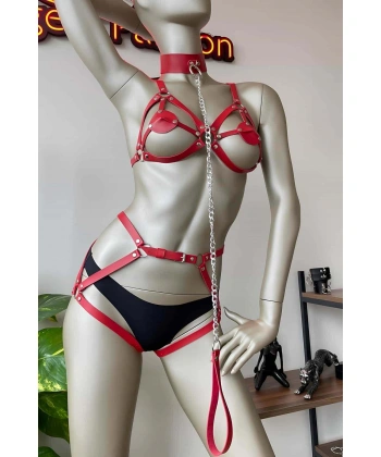 Kırmızı Deri Tasma Detaylı Şık Harness Takım