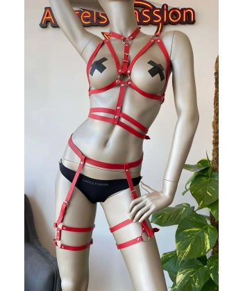 Kırmızı Fantezi Deri Jartiyer Harness Takım