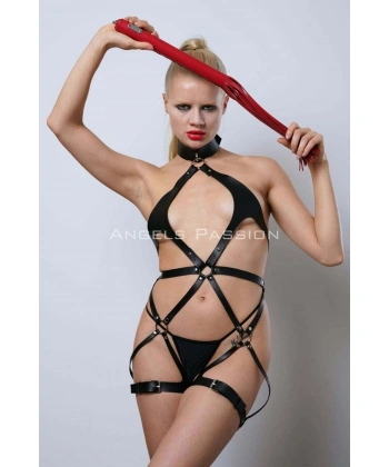 Kırmızı Kırbaçlı Deri Harness, Full Body Deri Harness, Erotik Deri İç Giyim - Brf1348