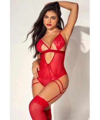 Kırmızı Tül Dantel Detaylı Fantezi Body Jartiyer Takım