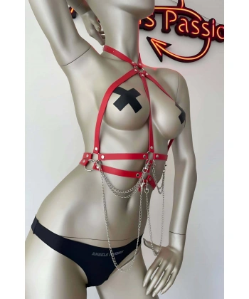 Kırmızı Ve Zincir Detaylı Şık Deri Harness - Brf3