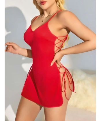 Kırmızı Yanları İp Detaylı Fantezi Gecelik