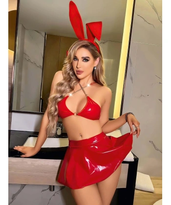 Kırmızı Zincir Detaylı Fantezi Deri Etekli Tavşan Kostümü