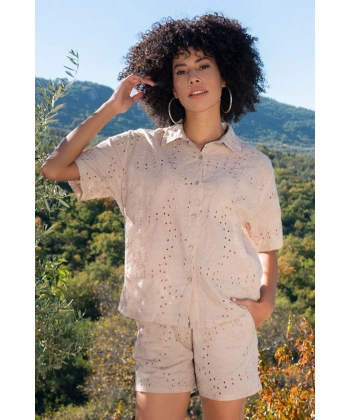 Kordone Nakışlı Kısa Kol Gömlek Kadın 410065