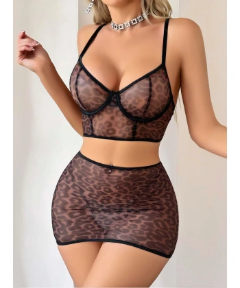 Leopar Desenli  Arkası İp Detaylı Büstiyerli Fantezi Takım