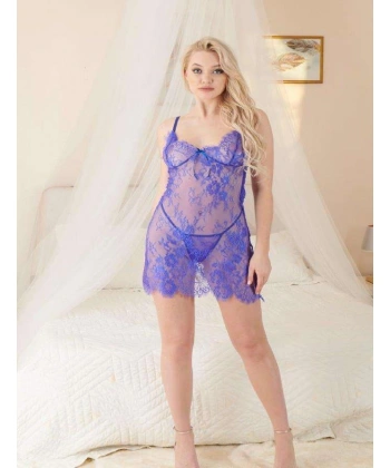 Mavi Transparan Dantel Fantezi Gecelik