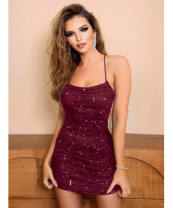 Özel Tasarım Bordo Işıltılı Sırt Dekolteli Fantezi Mini Club Elbisesi