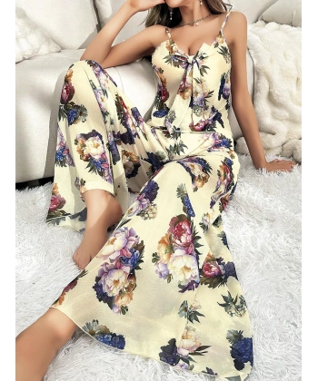 Özel Tasarım Çiçek Desenli Salaş Kesim Şık Dekolteli 2li Takım