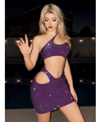 Özel Tasarım Göbek Dekolteli Işıltılı Fantezi Mor Mini Club Elbisesi