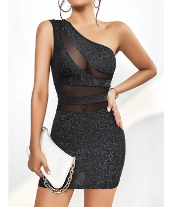 Özel Tasarım Siyah Tek Omuz Dekolteli Işıltılı Fantezi Mini Club Elbisesi