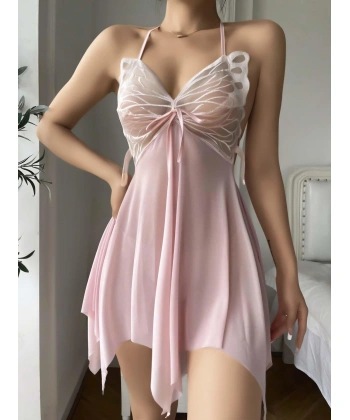 Pembe Kelebek İşlemeli Tül Fantezi Gecelik