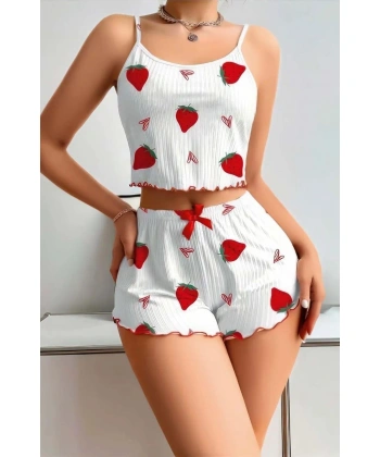 Penye Kumaş Çilek Desen Beyaz Şortlu Takım