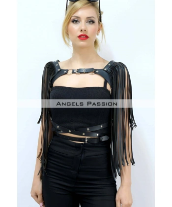 Püskül Detaylı Deri Göğüs Harness, Deri Harness Püsküllü Ceket - Brf999