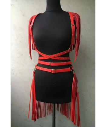 Püskül Detaylı Şık Kırmızı Deri Etek - Ceket Takım, Deri Etek Ve Ceket Takım - Brf1005