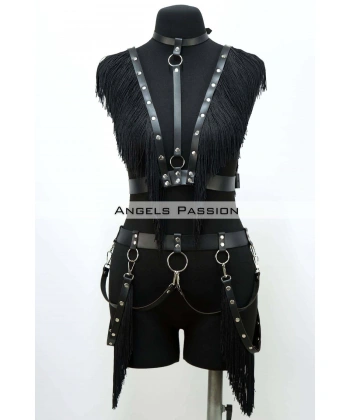 Püslüllü Deri Harness Takım, Püsküllü Elbise Aksesuarı - Brf768