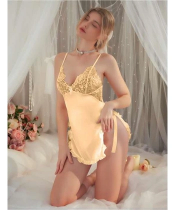 Sarı Dantel Detaylı İnce Askılı Saten Kısa Fantezi Gecelik